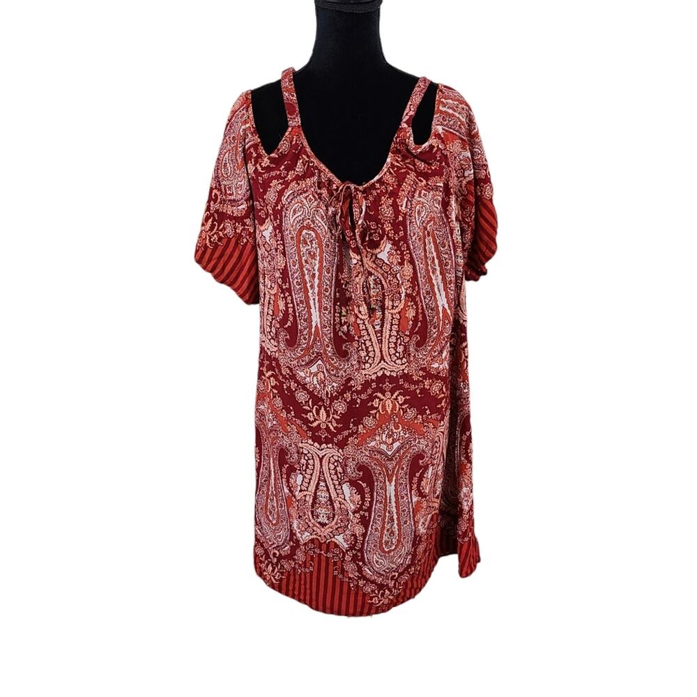 Mile Gabrielle  Womens Orange Paisley Cold Shoulder Dress Rayon Peasant Boho 1X